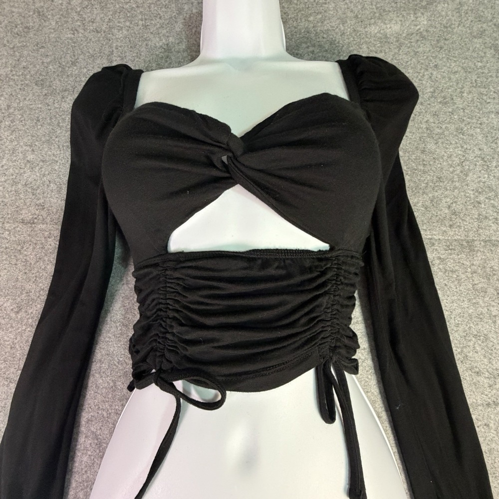 Black Sweetheart Neckline Long‎ Sleeve Twist Cutout Ruched Drawstring Crop Top M